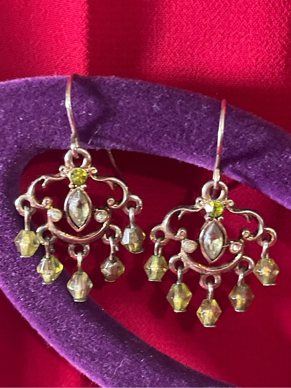 Silver Tone Mini Chandelier Earrings Light Green Crystal Dangles